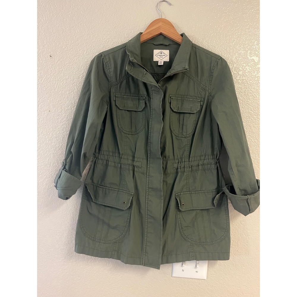 St Johns Bay Womens Olive Green Cotton Utility Field Jacket Size M Cinched Waist